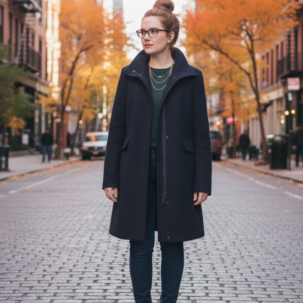 Calvin Klein Petite Navy Knee Length Wool Pea Coat with Zipper